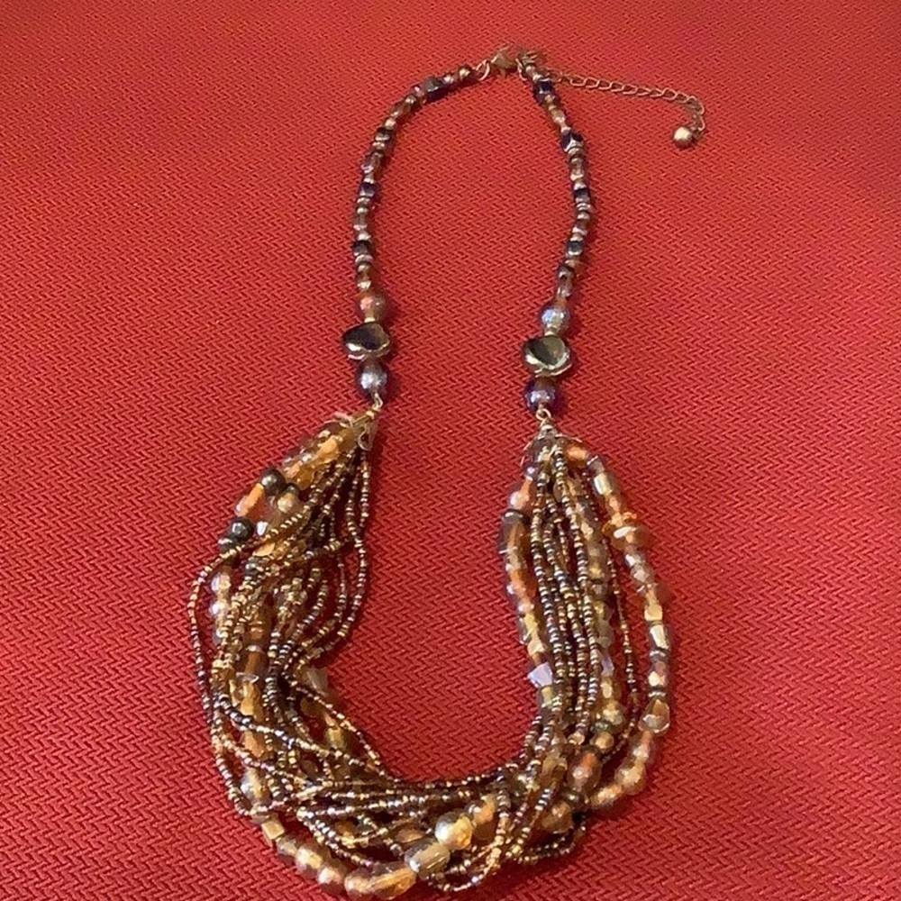 Beautiful glass statement necklace brown and tan accents seed beads